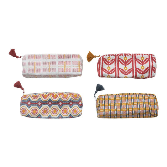 Cotton Printed Zip Pouch with Tassel, 4 Styles