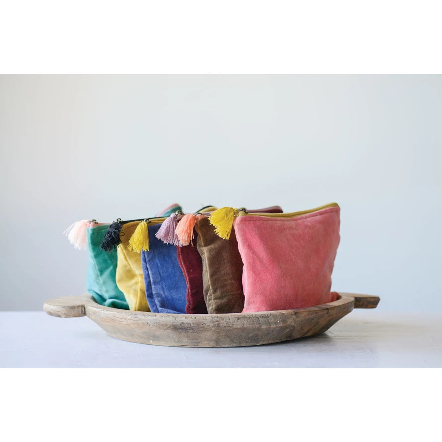 Cotton Velvet Zip Pouch with Tassel, 6 Colors