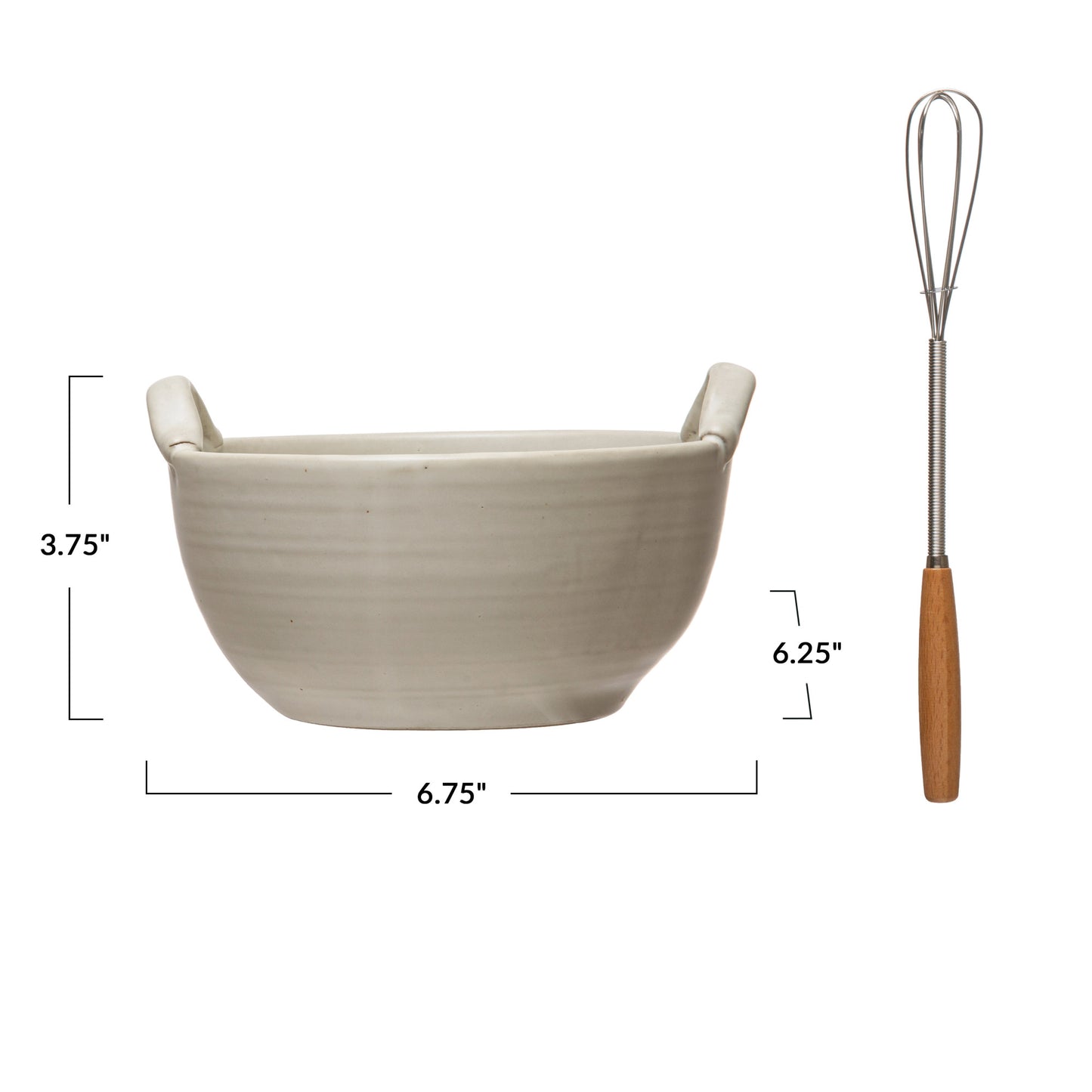 Stoneware Bowl, Wood and Metal Whisk, Set of 2