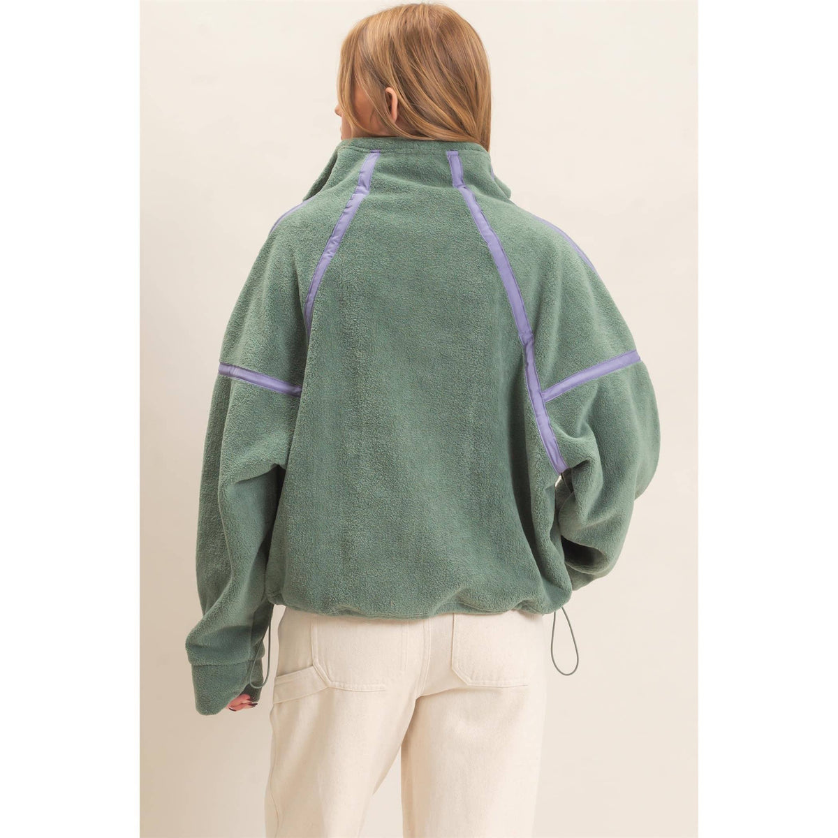 Contrast Trim Half-Zip Fleece Pullover -Pistachio