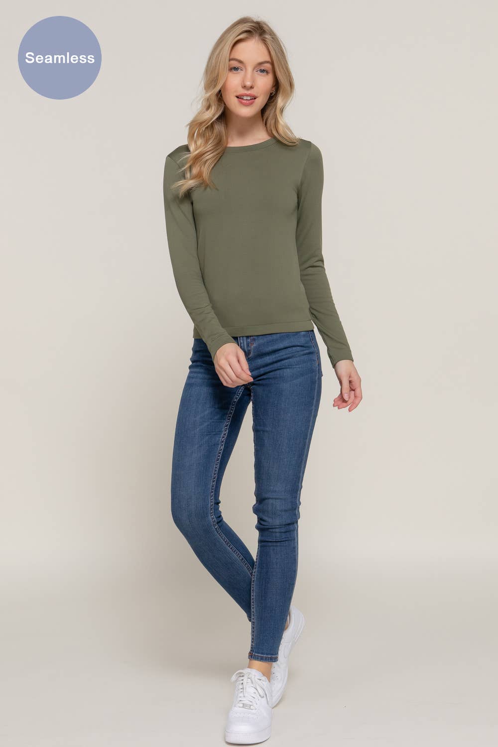 Long Sleeve Crew Neck Inner Fur Seamless Top - Olive