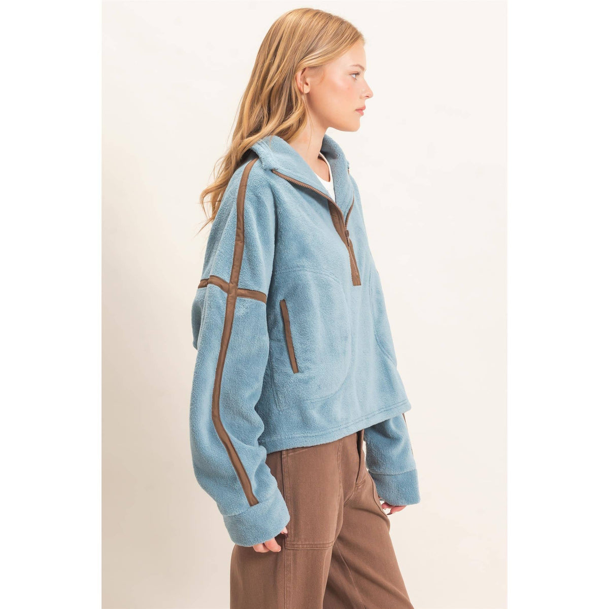 Contrast Trim Half-Zip Fleece Pullover -Blue