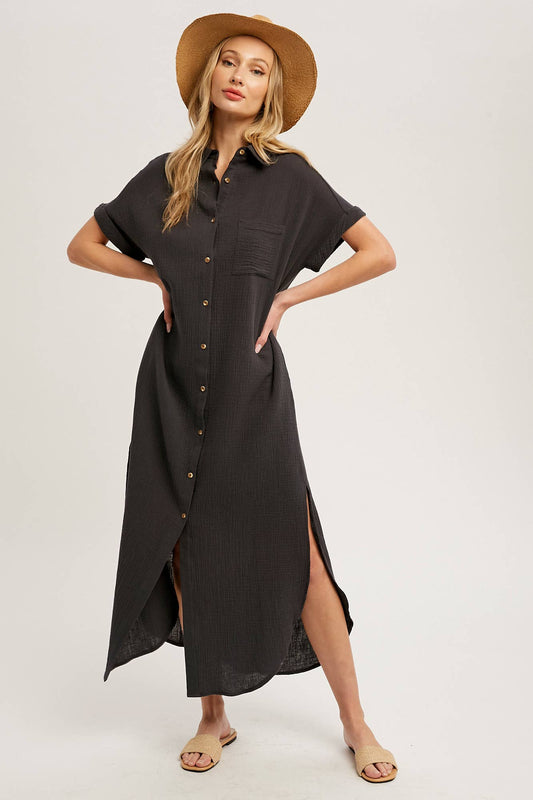 Button-up Maxi Shirt Dress - Ash