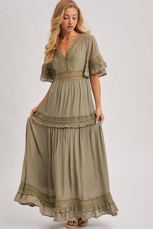 V-Neck Maxi Dress-Olive