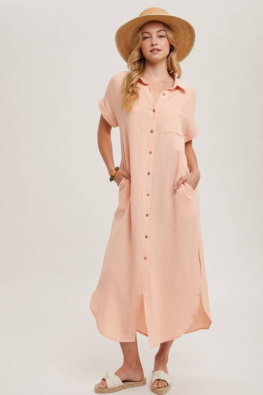 Button-up Maxi Shirt Dress - Peach