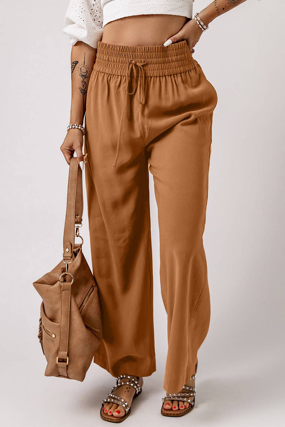 Drawstring Stretch Waist, Wide Leg Pants