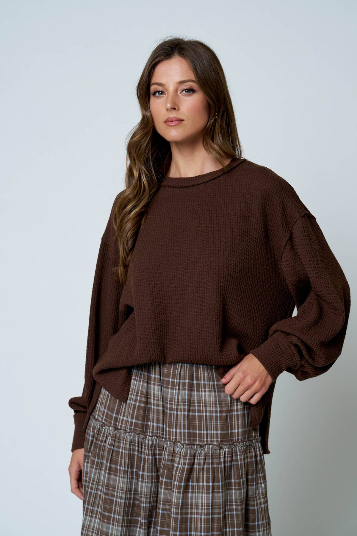 Knit Top w/ lantern sleeve - Brown