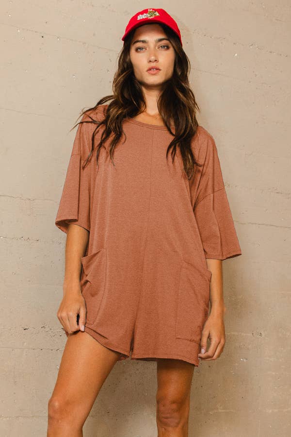 Oversized Solid Romper - Rust