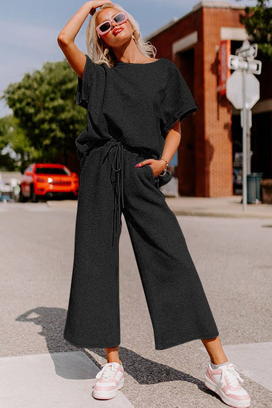 Textured Loose Fit Shirt and Drawstring Pants Set