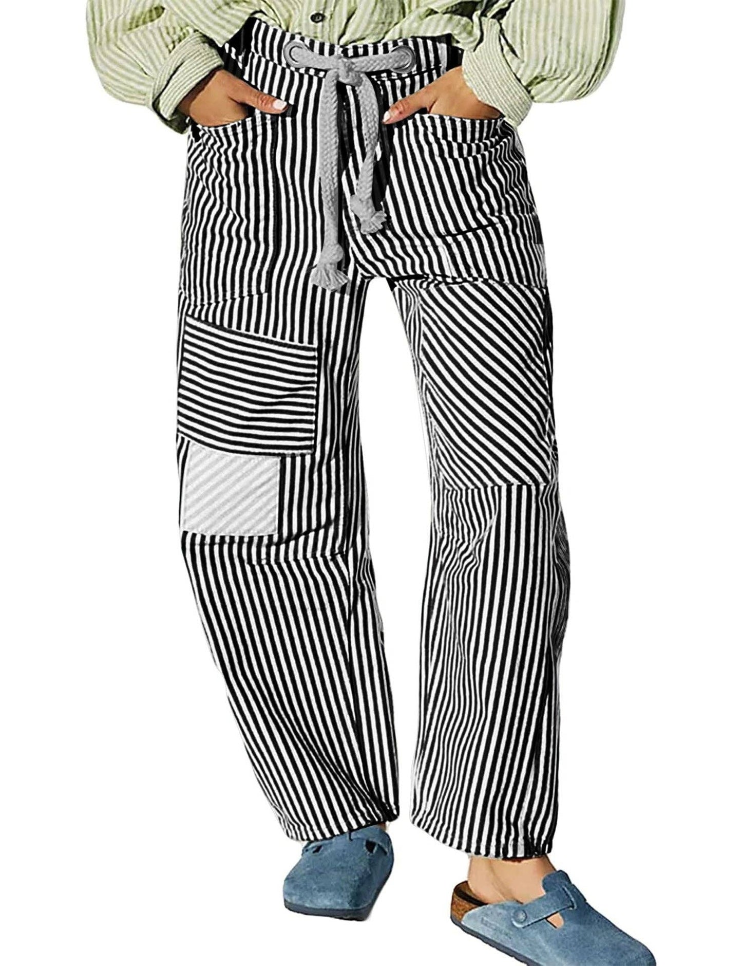 Striped Drawstring Pants - black and white