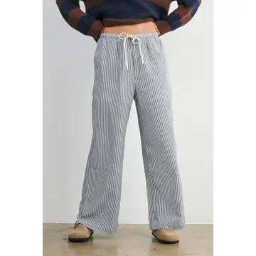 Drawstring Waist Striped Pants - Navy