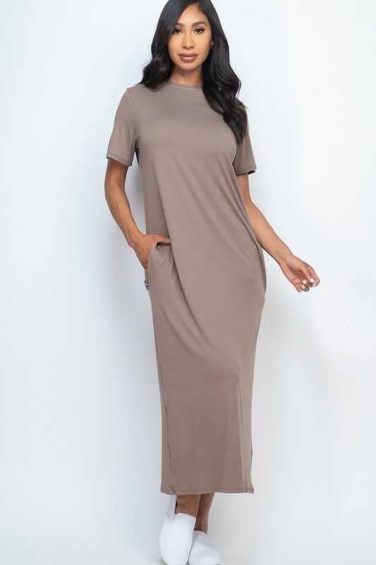 Basic Solid Side Pocket Tee Shirt Dress
