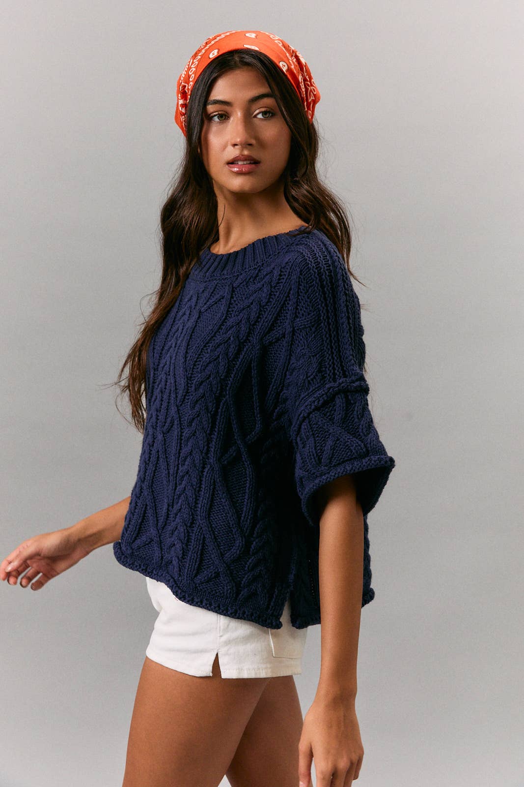 Short Sleeve Knit Sweater - Navy