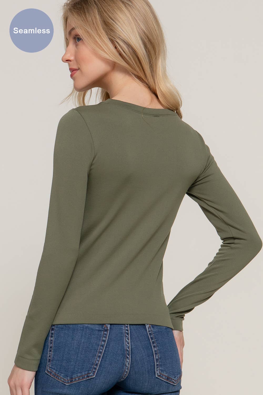Long Sleeve Crew Neck Inner Fur Seamless Top - Olive