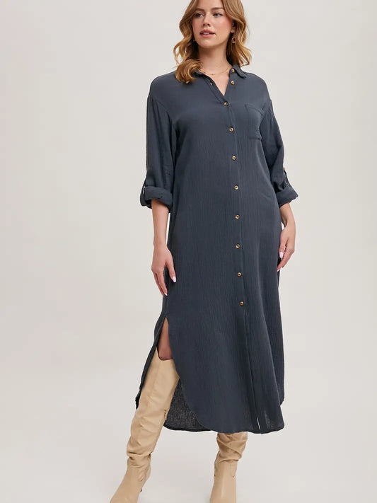 Button Up Maxi Shirt Dress - Mushroom + Ash