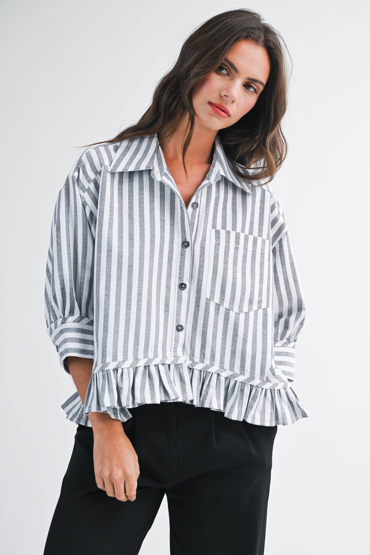 Striped Ruffle Hem Button Down