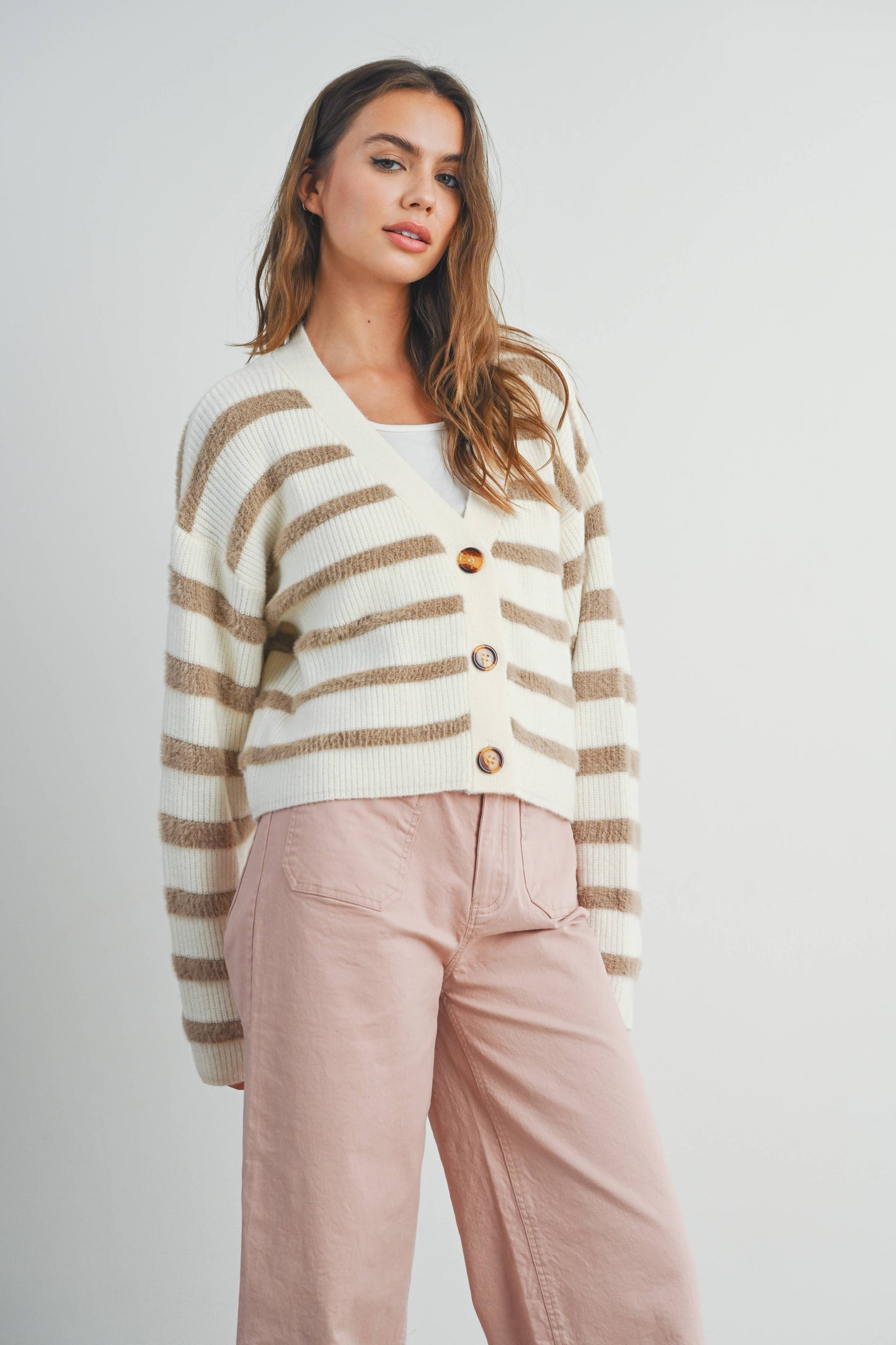 Striped  Cardigan - Ivory/Taupe