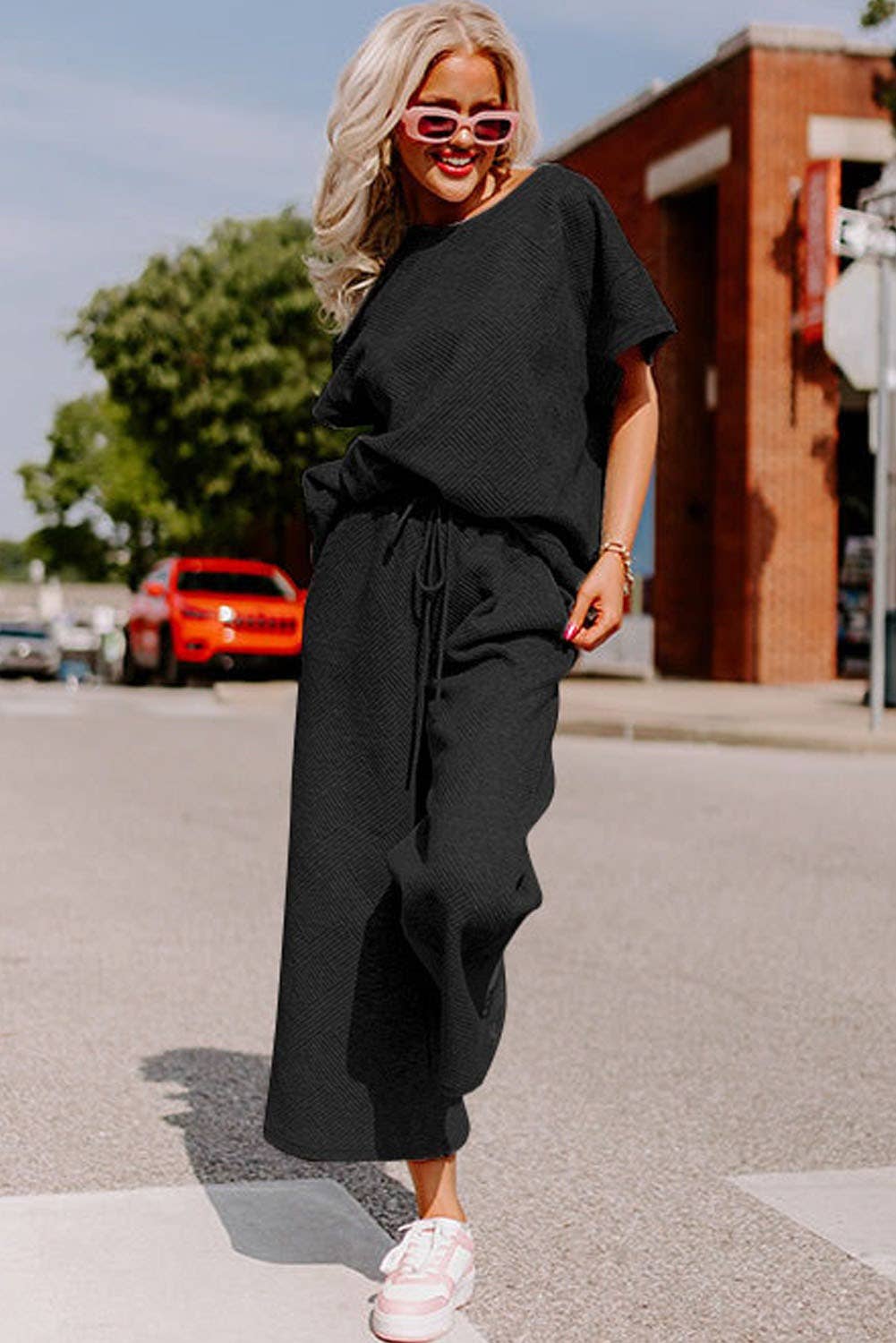 Textured Loose Fit Shirt and Drawstring Pants Set