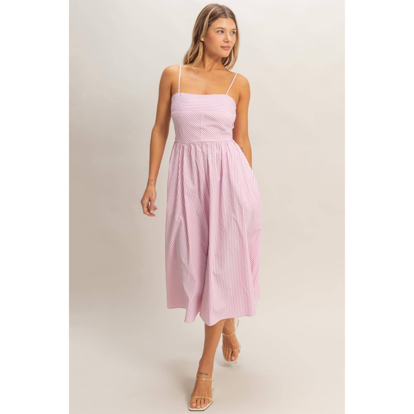 Striped Spaghetti Strap Dress - Pink