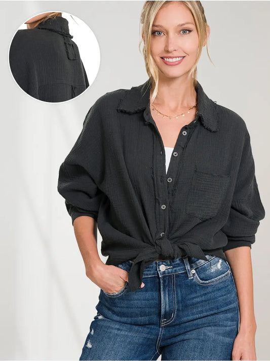 Oversized Raw Edge Shirt W/ Back Patch - Black