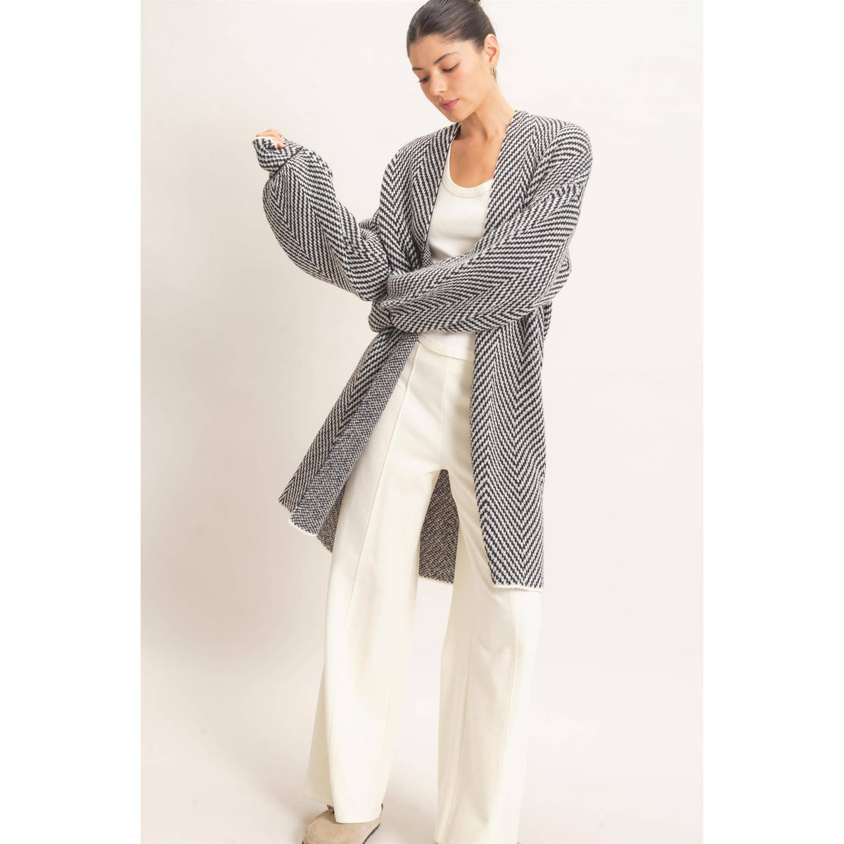 Herringbone Open-Front Cardigan - Black