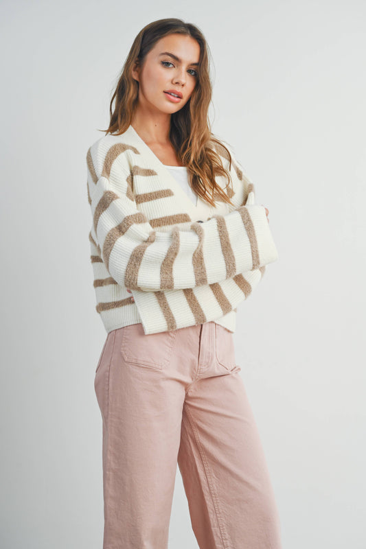 Striped  Cardigan - Ivory/Taupe