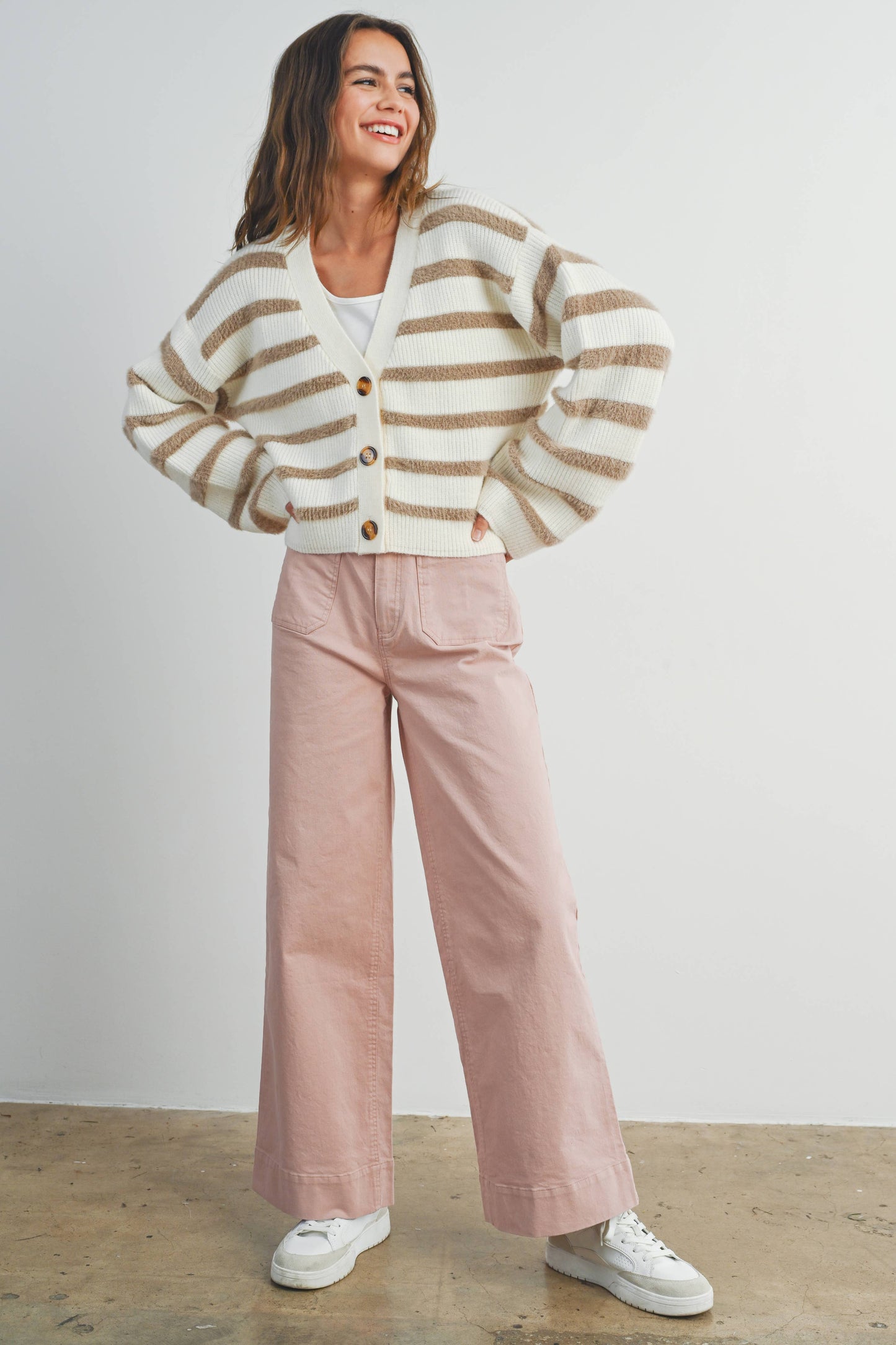 Striped  Cardigan - Ivory/Taupe
