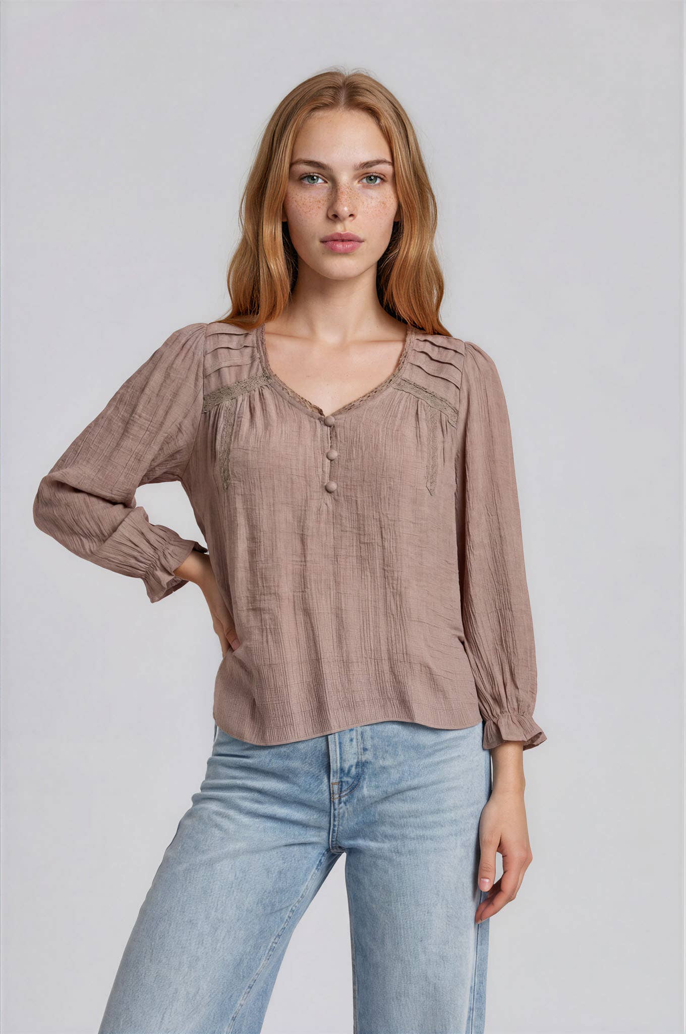 V-neck Henley w/ Crochet Trim - Brown