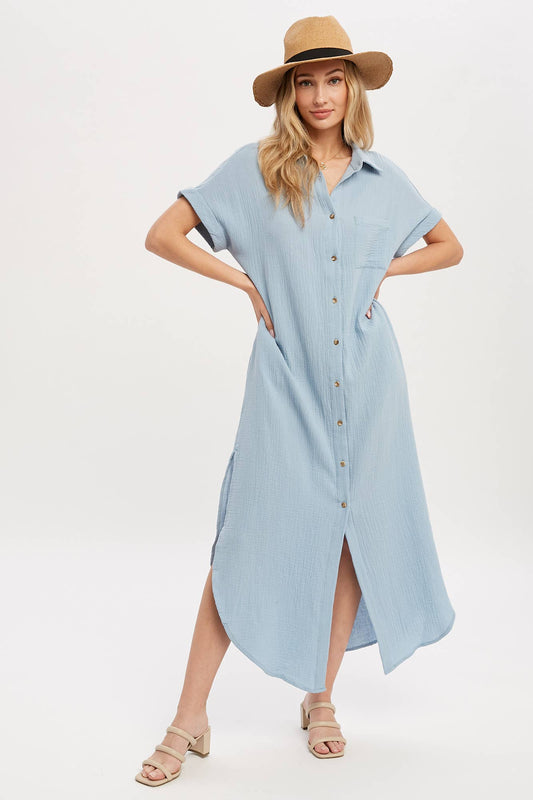 Button Up Maxi Shirt Dress - Chambray