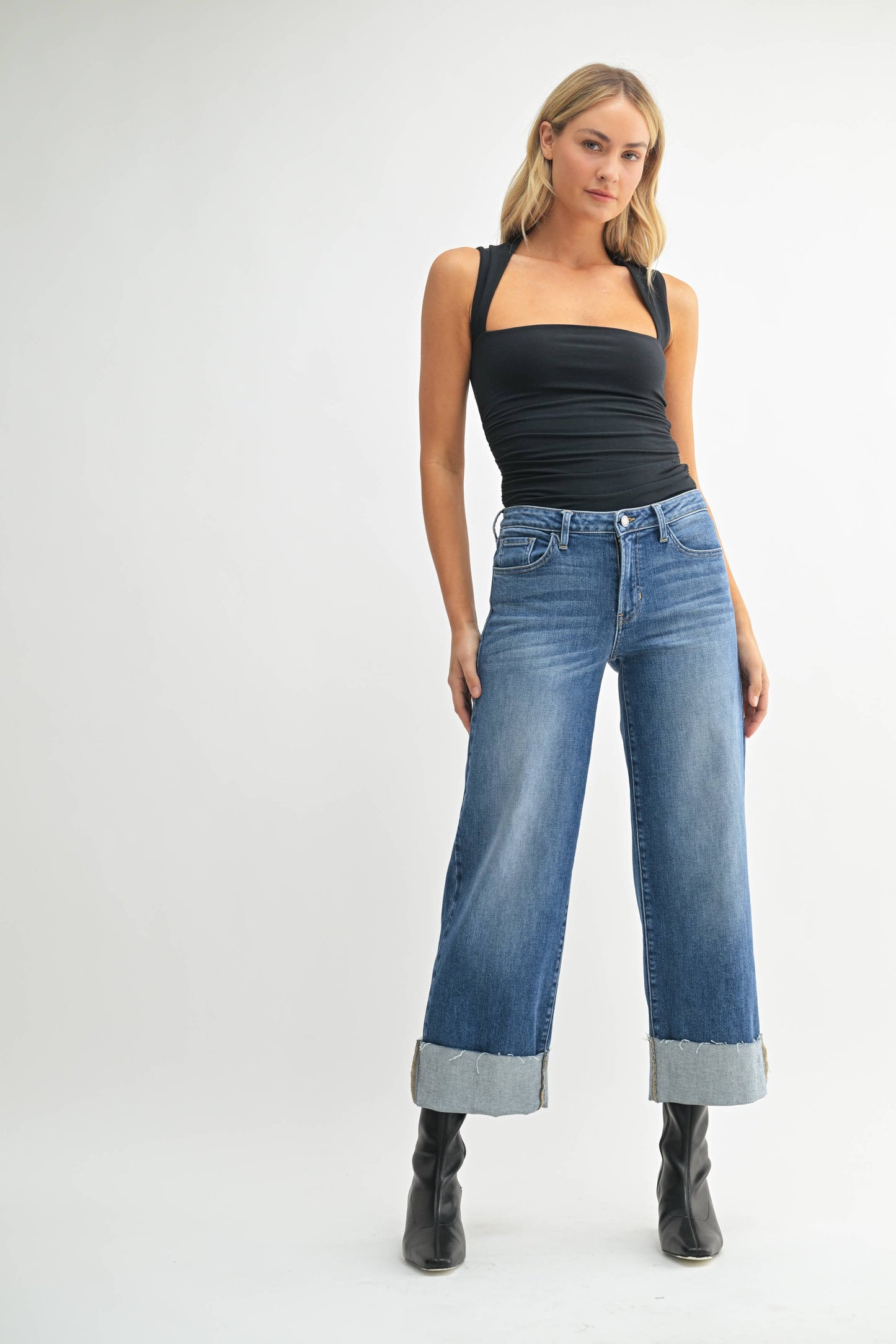 Scissor Cut Cuffed Wide Leg - Medium Wash