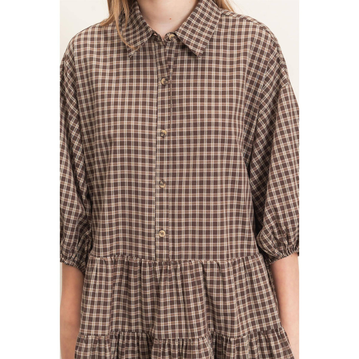 Plaid Button-Down Tiered Dress