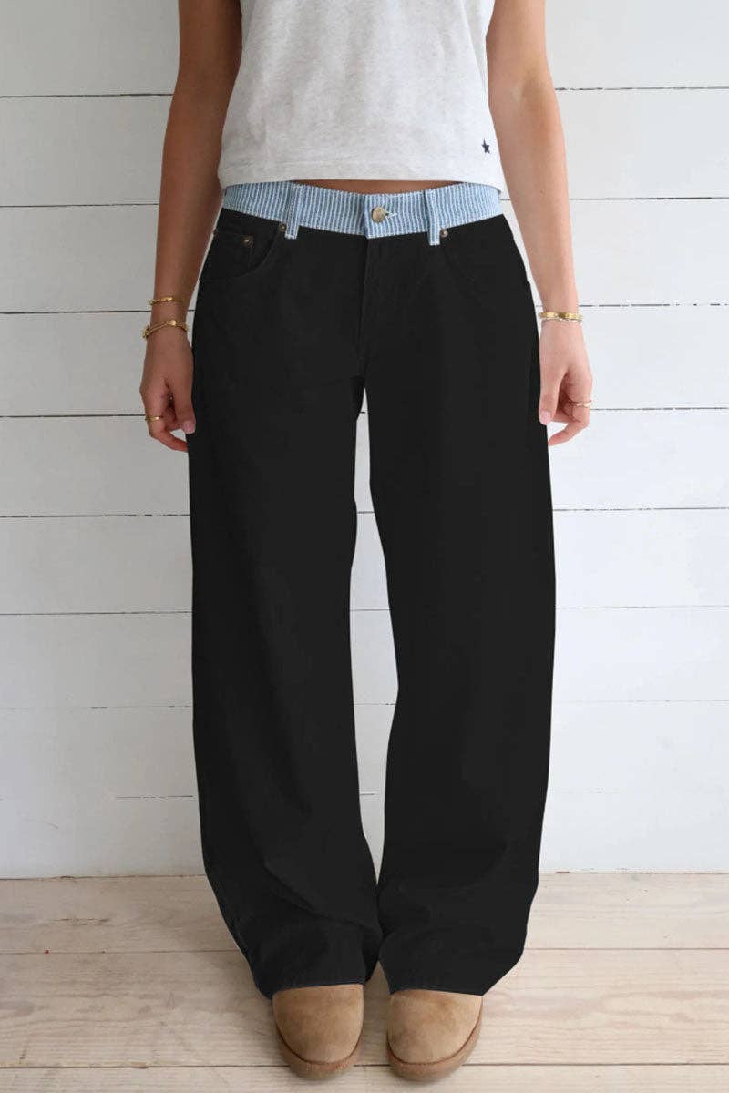 Striped Waistband Wide-Leg Casual Pants - Black
