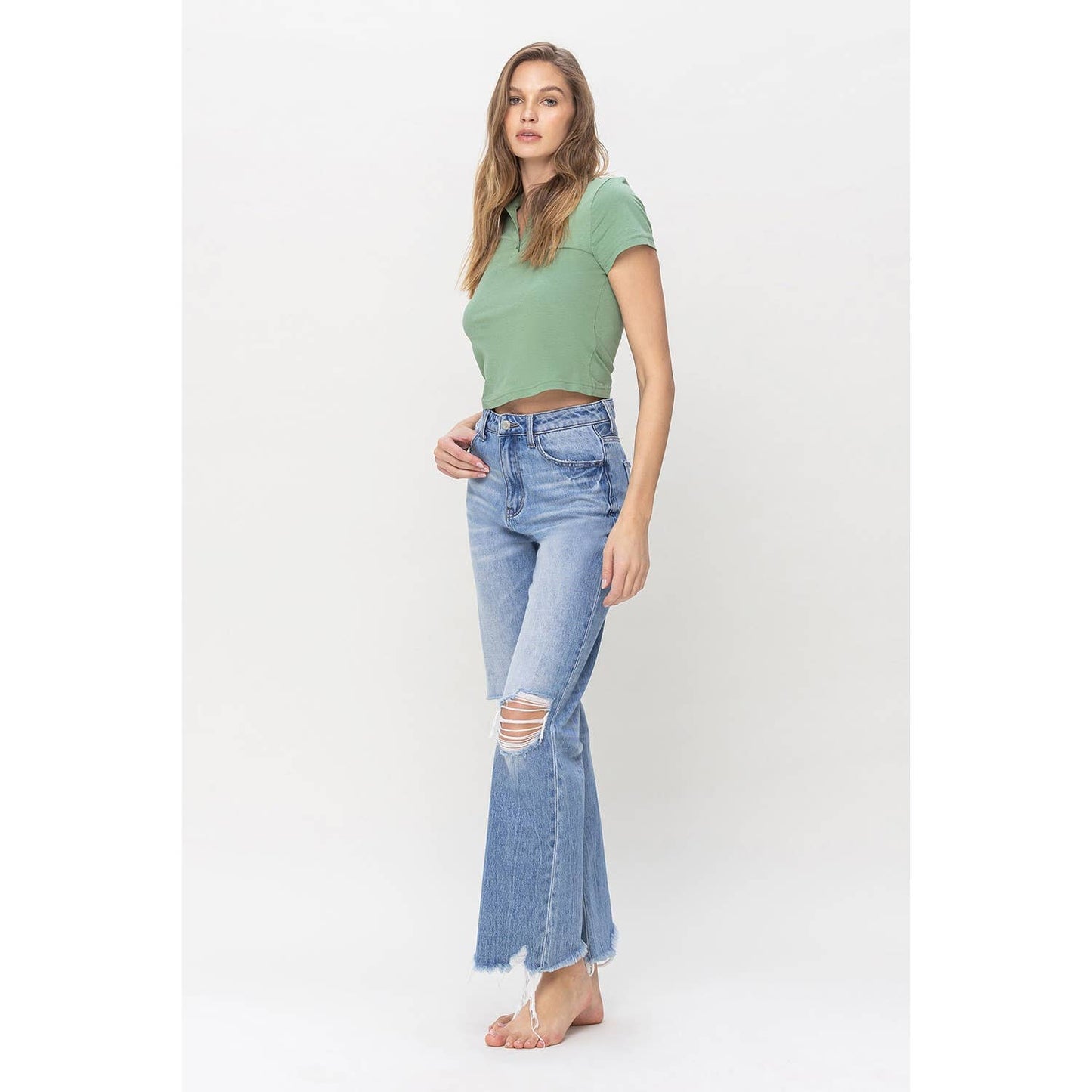 90's Vintage High Rise Distressed Crop Flare Jean