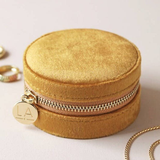 Mustard Round Velvet Mini Jewelry Case with Floral Lining