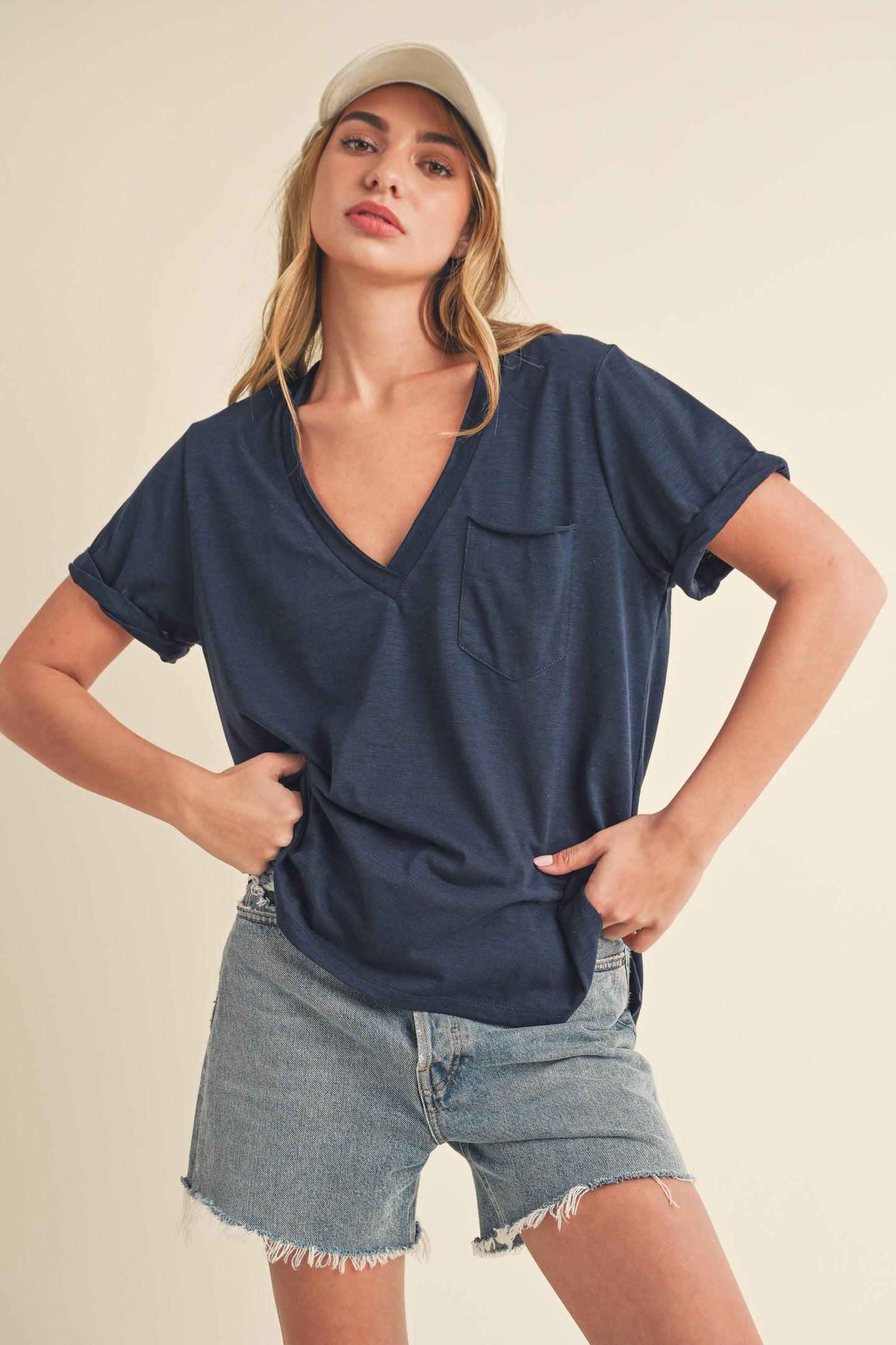 V-Neck Short Sleeve Top - Navy