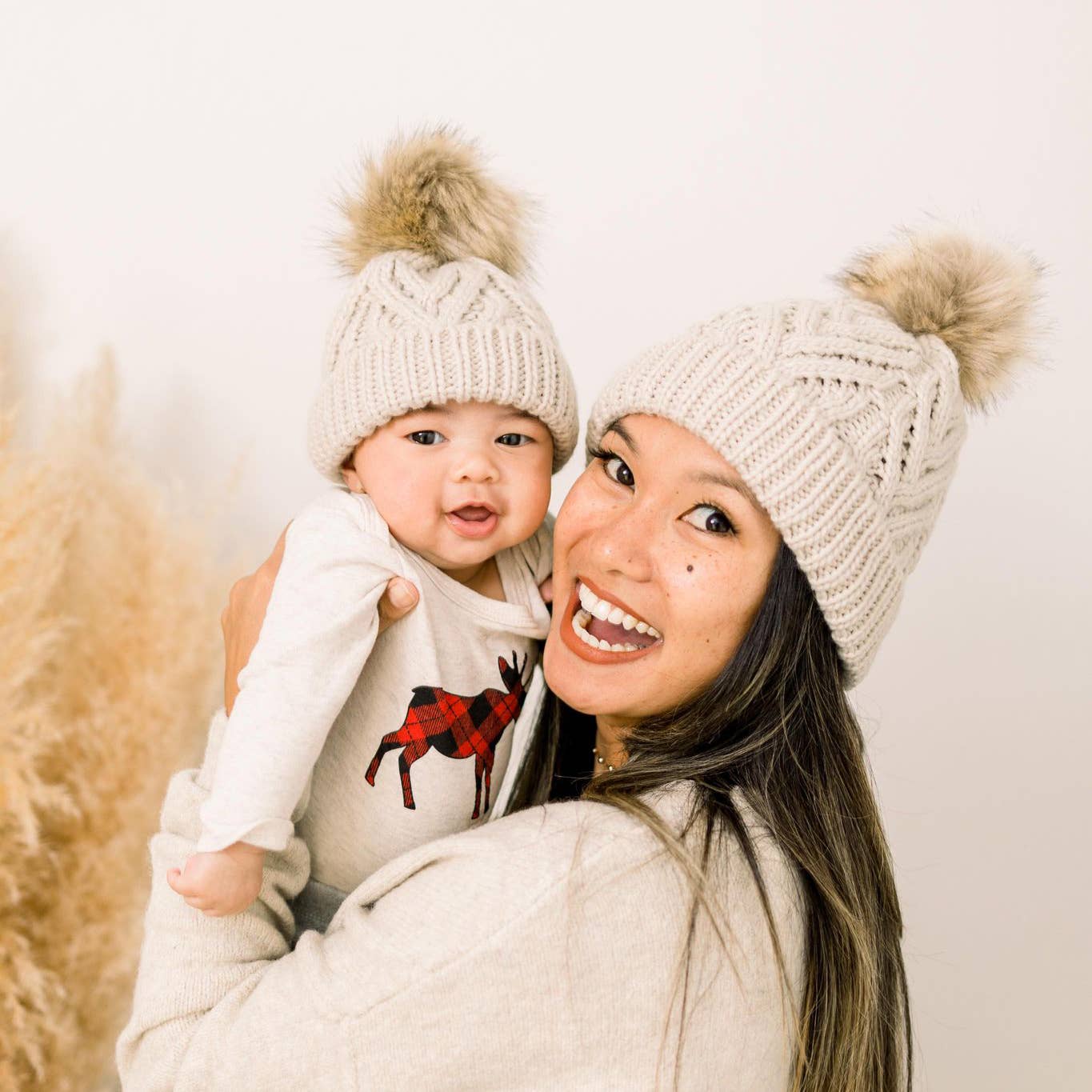 Oatmeal Pop Pom Pom Beanie Hat Baby & Kids