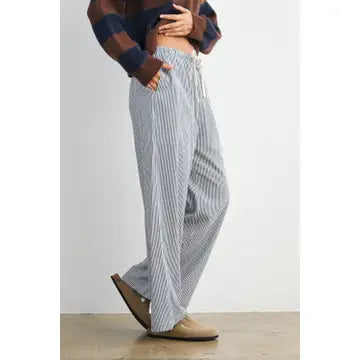 Drawstring Waist Striped Pants - Navy