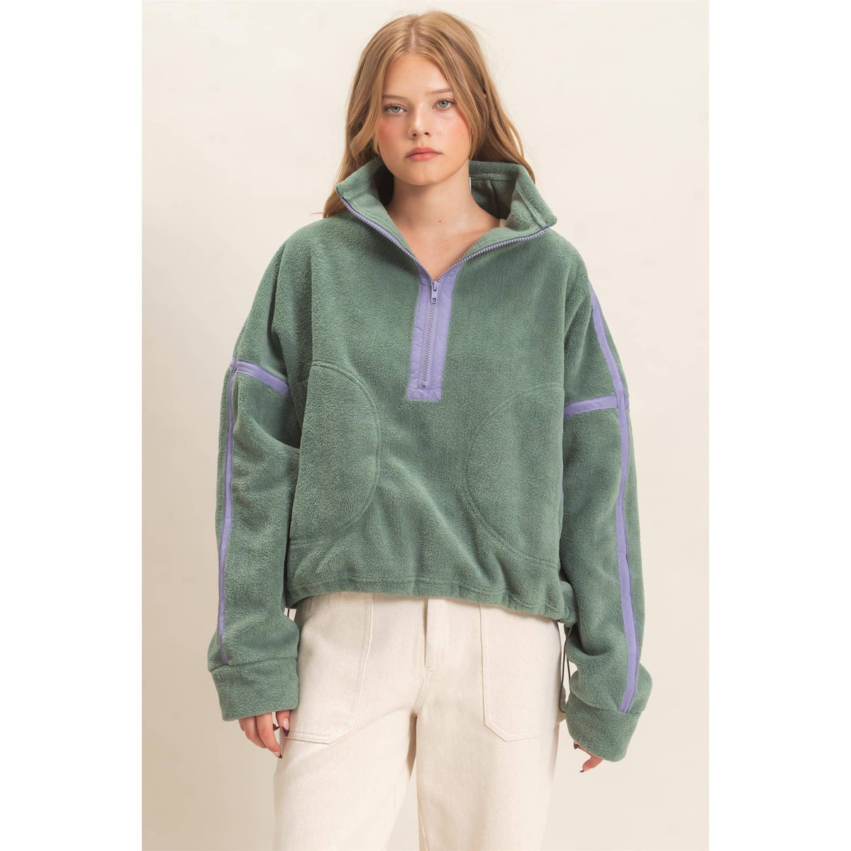 Contrast Trim Half-Zip Fleece Pullover -Pistachio