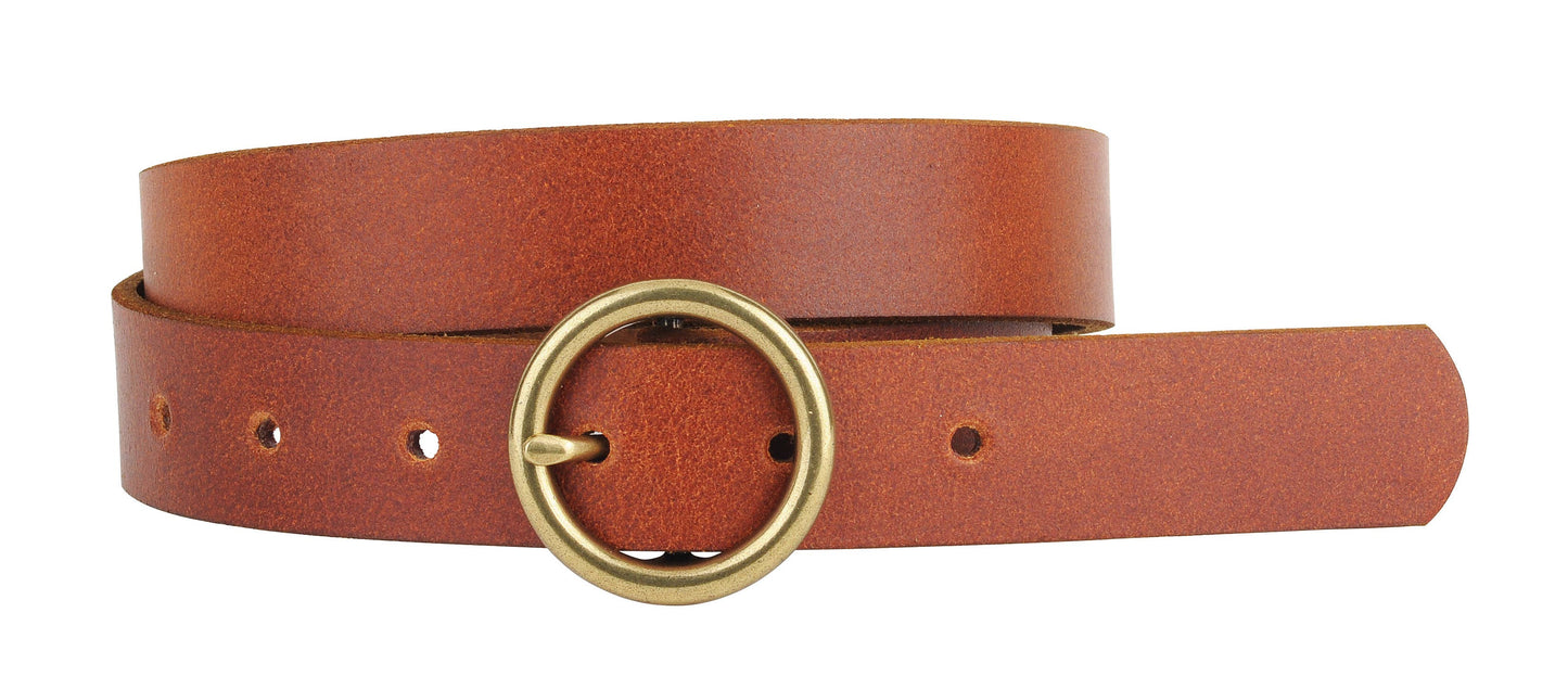 Brass-Toned Circle Buckle Leather Belt
