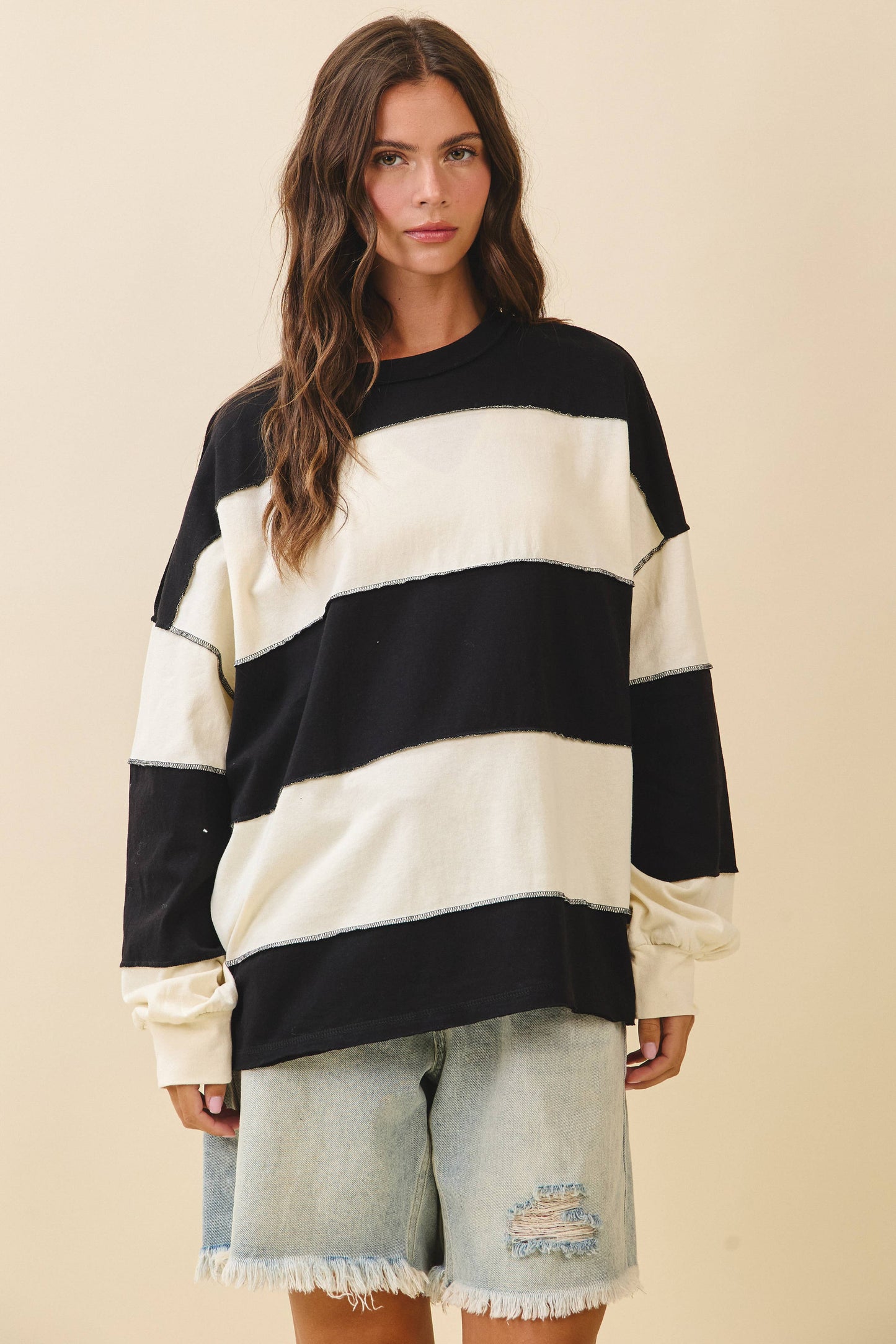 Rugby Long Sleeve Slouchy Top- Black/Butter