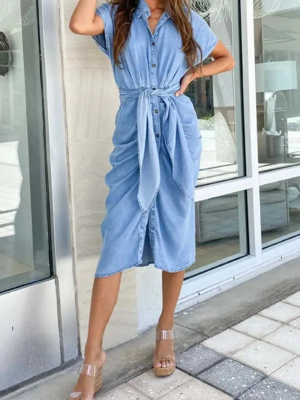 Ruched Button Down Chambray Dress
