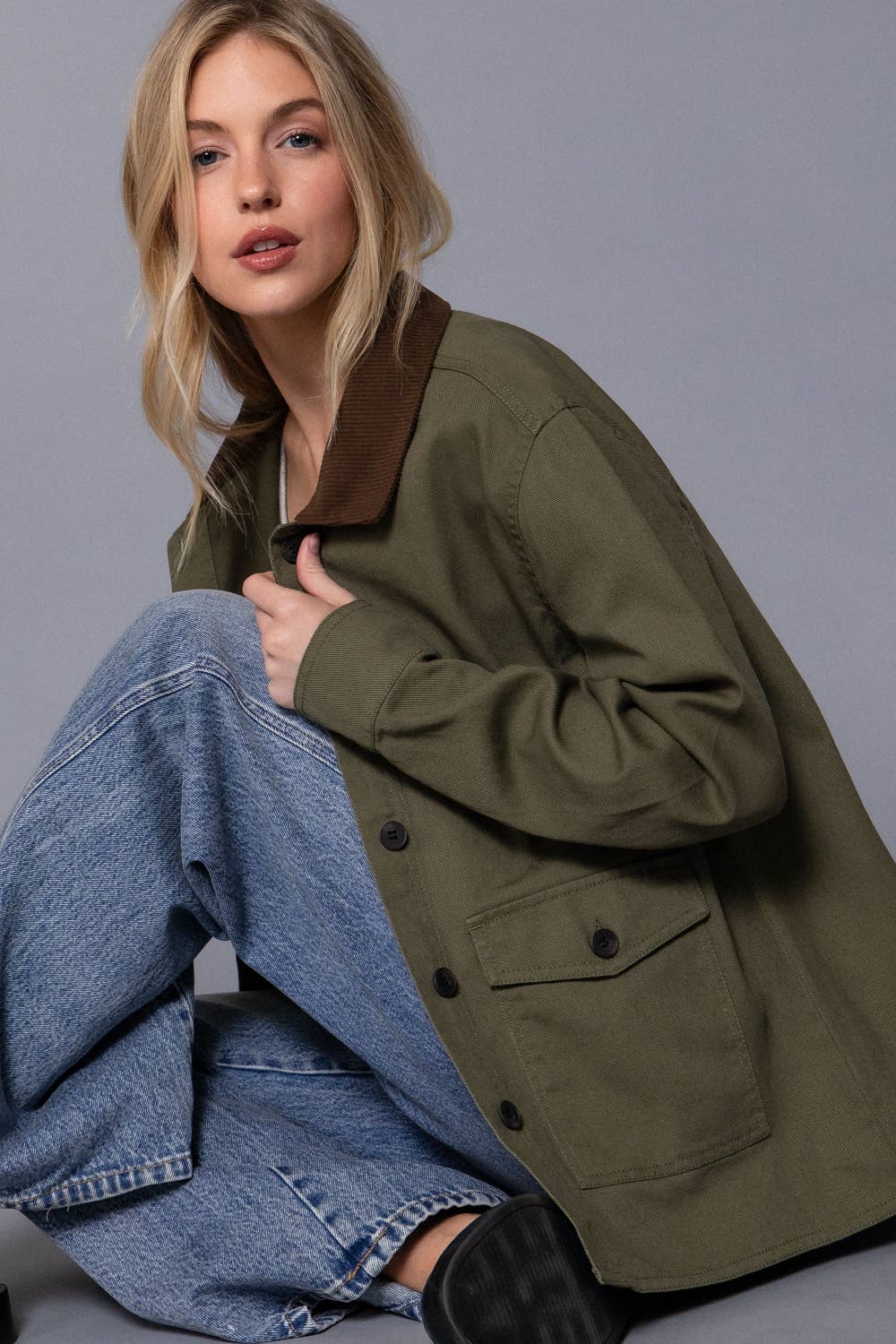 Long Sleeve Corduroy Collar Detail Cotton Twill Work Jacket
