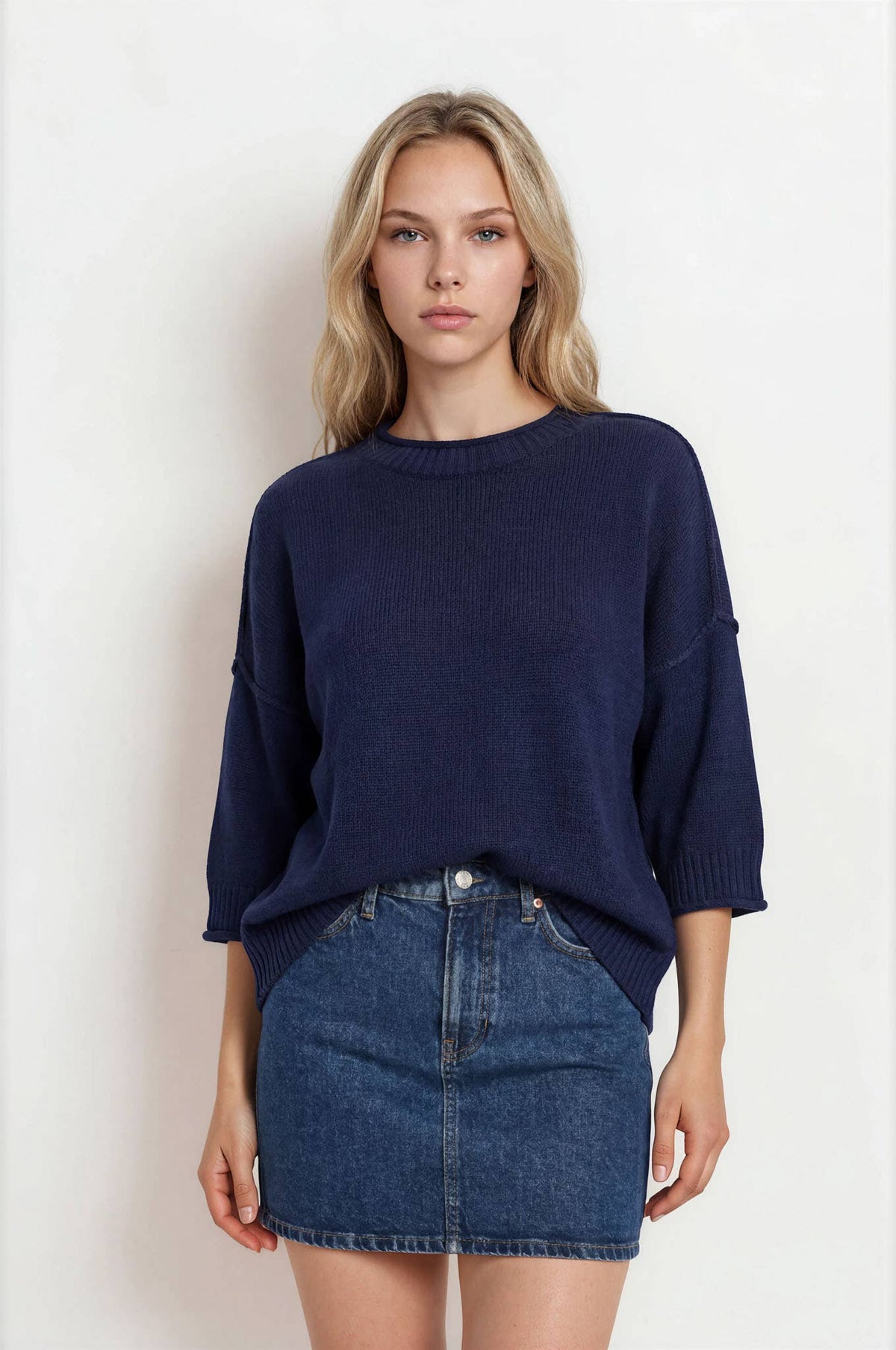 Short Sleeve Sweater w/ drop sleeve - navy