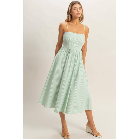 Striped Spaghetti Strap Dress - Sage