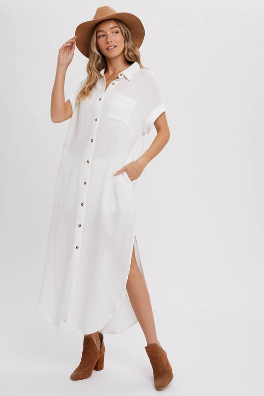Button up Maxi Shirt Dress w/ Pockets - Ivory