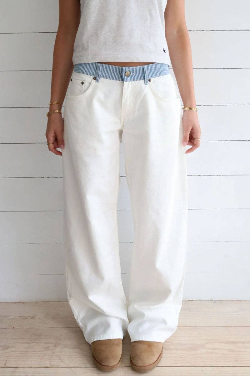 Striped Waistband Wide-Leg Casual Pants - Black