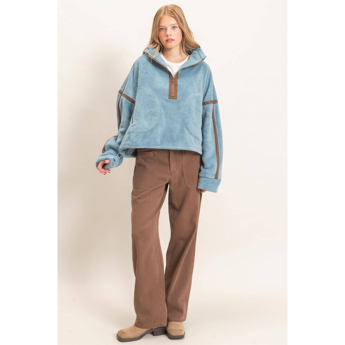 Contrast Trim Half-Zip Fleece Pullover -Blue
