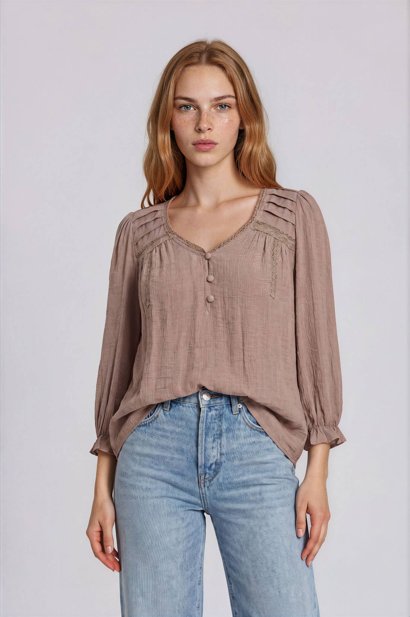 V-neck Henley w/ Crochet Trim - Brown