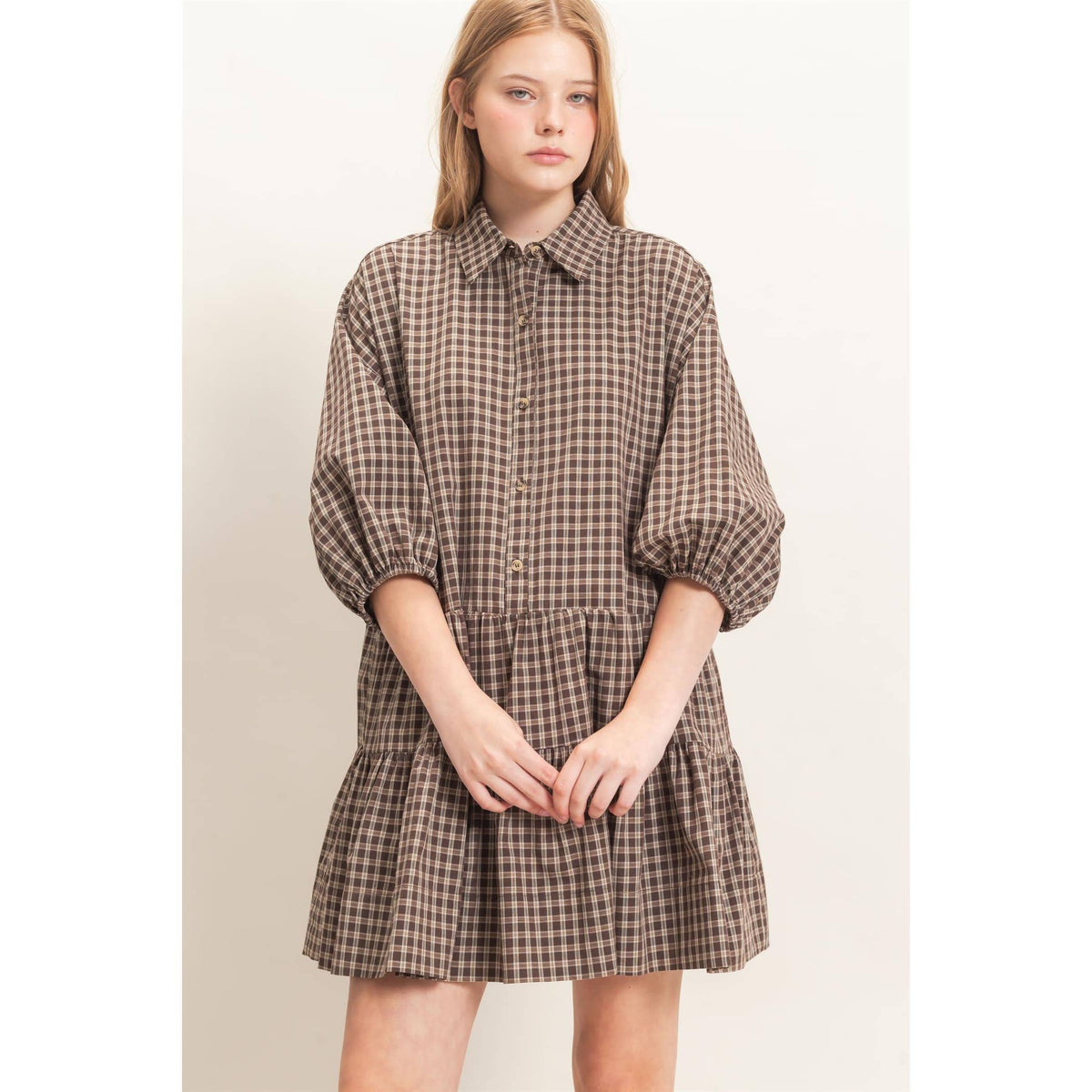 Plaid Button-Down Tiered Dress