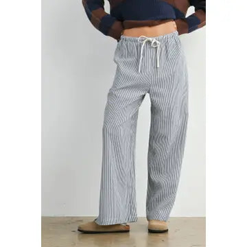 Drawstring Waist Striped Pants - Navy